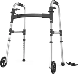 Walkers for Seniors, FSA/HSA Eligible Folding Walker with Ski Glides 5'' Front Wheel Medical Lightweight Walker Height Adjustable Aluminum Standard Walker for Handicap and Adults (Silver)