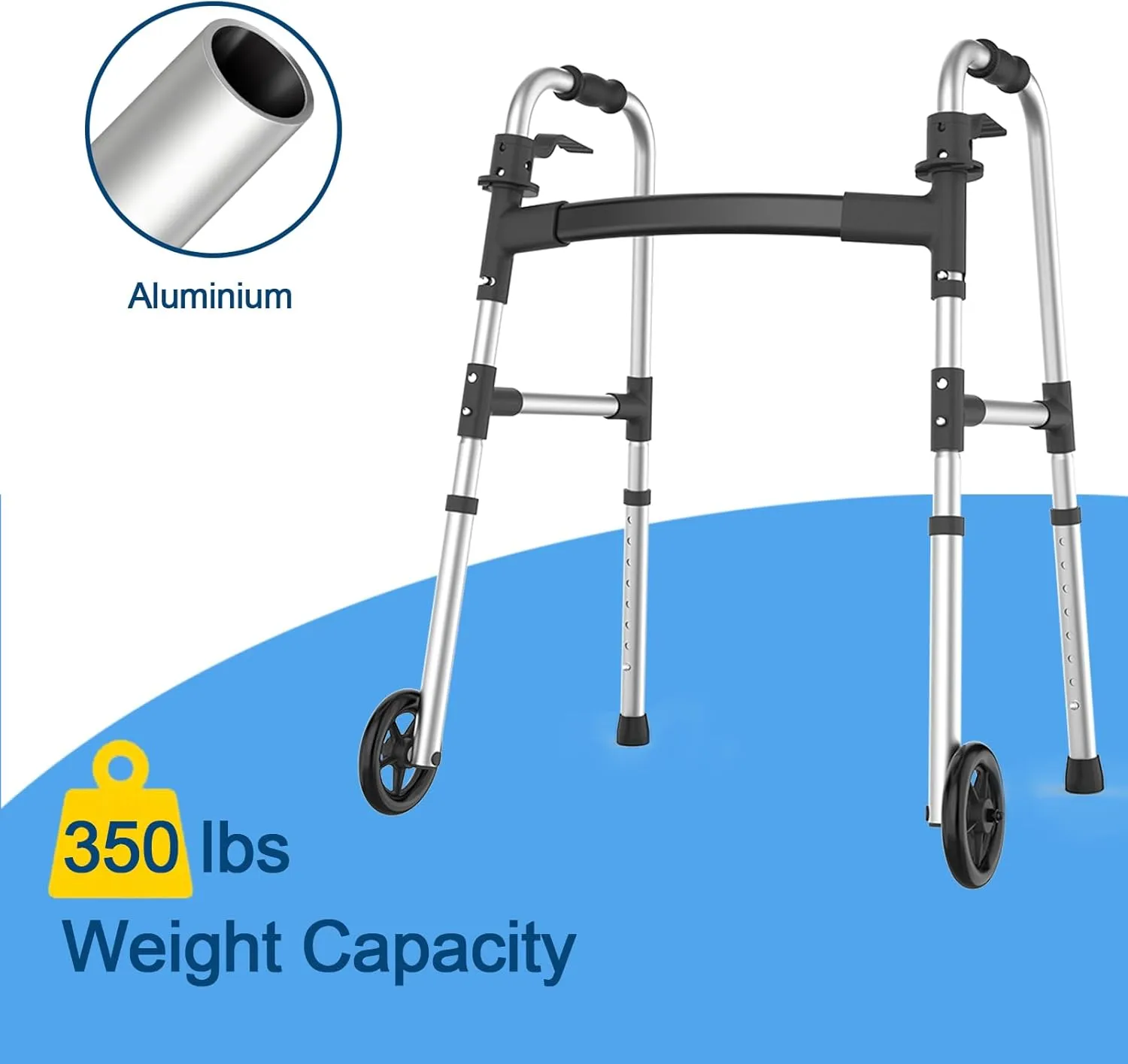 Walkers for Seniors, FSA/HSA Eligible Folding Walker with Ski Glides 5'' Front Wheel Medical Lightweight Walker Height Adjustable Aluminum Standard Walker for Handicap and Adults (Silver)