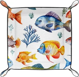 Watercolor Colorful Fish Microfiber Leather Dice Trays Folding for RPG DND Table Games, Leather Dice Holder Storage Box Portable Folding Rolling Dice Tray, 16x16cm