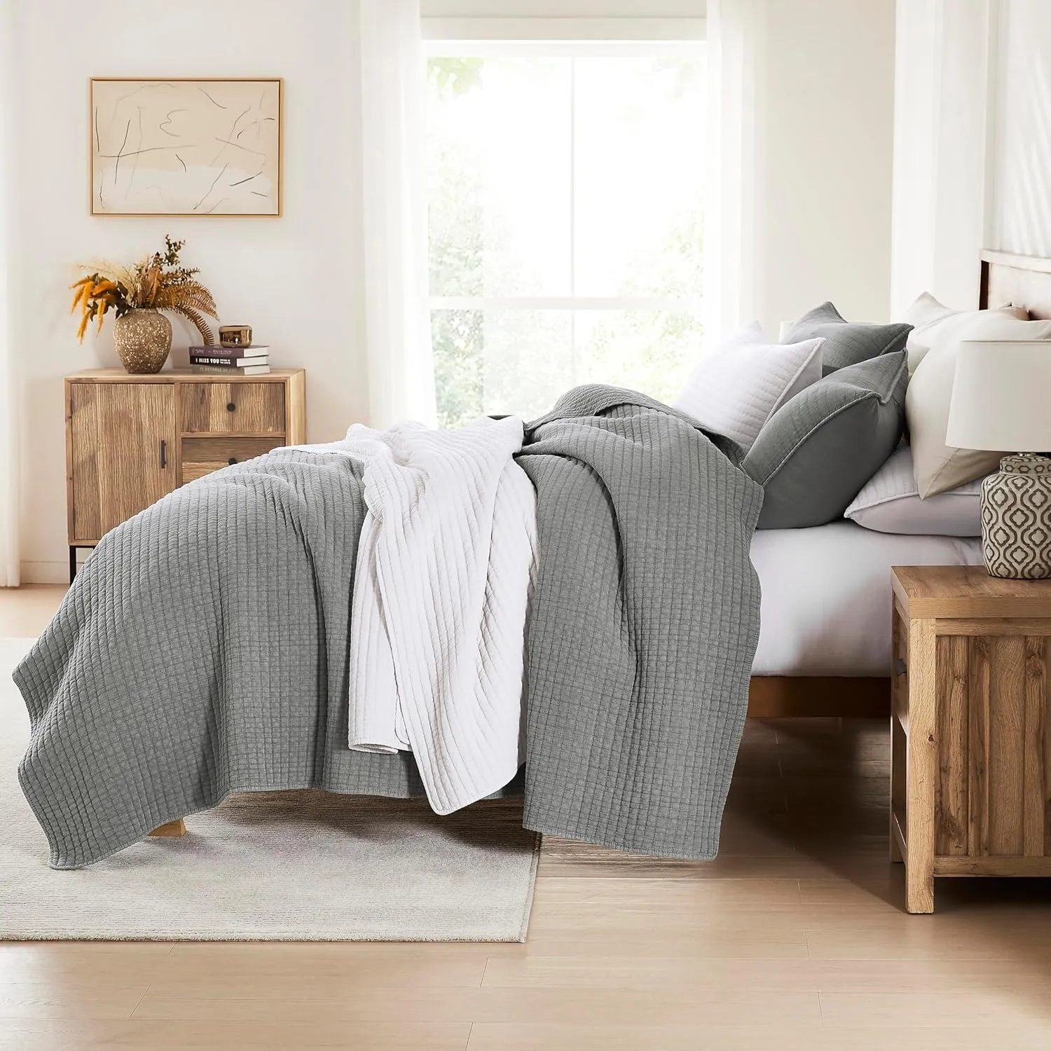 WDCOZY Grey Twin Size Quilt Set, Muslin Cotton Shell Down-Alt Poly Filling, Shabby Chic Rustic Farmhouse Country Bedspread, Textured Gauze Coverlet, Soft Lightweight Bedding, All Season, 1 Sham
