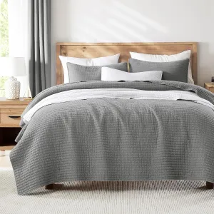 WDCOZY Grey Twin Size Quilt Set, Muslin Cotton Shell Down-Alt Poly Filling, Shabby Chic Rustic Farmhouse Country Bedspread, Textured Gauze Coverlet, Soft Lightweight Bedding, All Season, 1 Sham