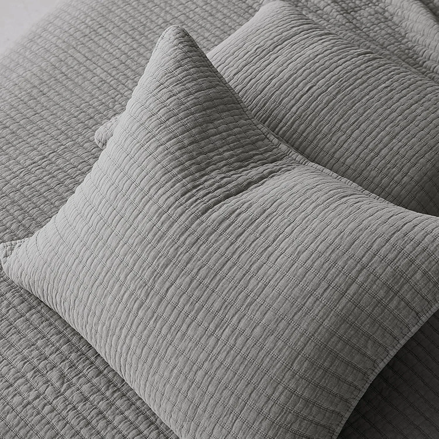 WDCOZY Grey Twin Size Quilt Set, Muslin Cotton Shell Down-Alt Poly Filling, Shabby Chic Rustic Farmhouse Country Bedspread, Textured Gauze Coverlet, Soft Lightweight Bedding, All Season, 1 Sham