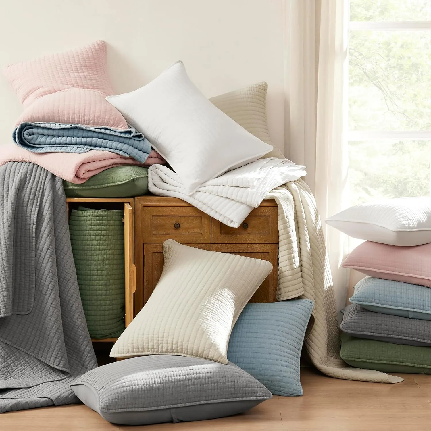 WDCOZY Grey Twin Size Quilt Set, Muslin Cotton Shell Down-Alt Poly Filling, Shabby Chic Rustic Farmhouse Country Bedspread, Textured Gauze Coverlet, Soft Lightweight Bedding, All Season, 1 Sham