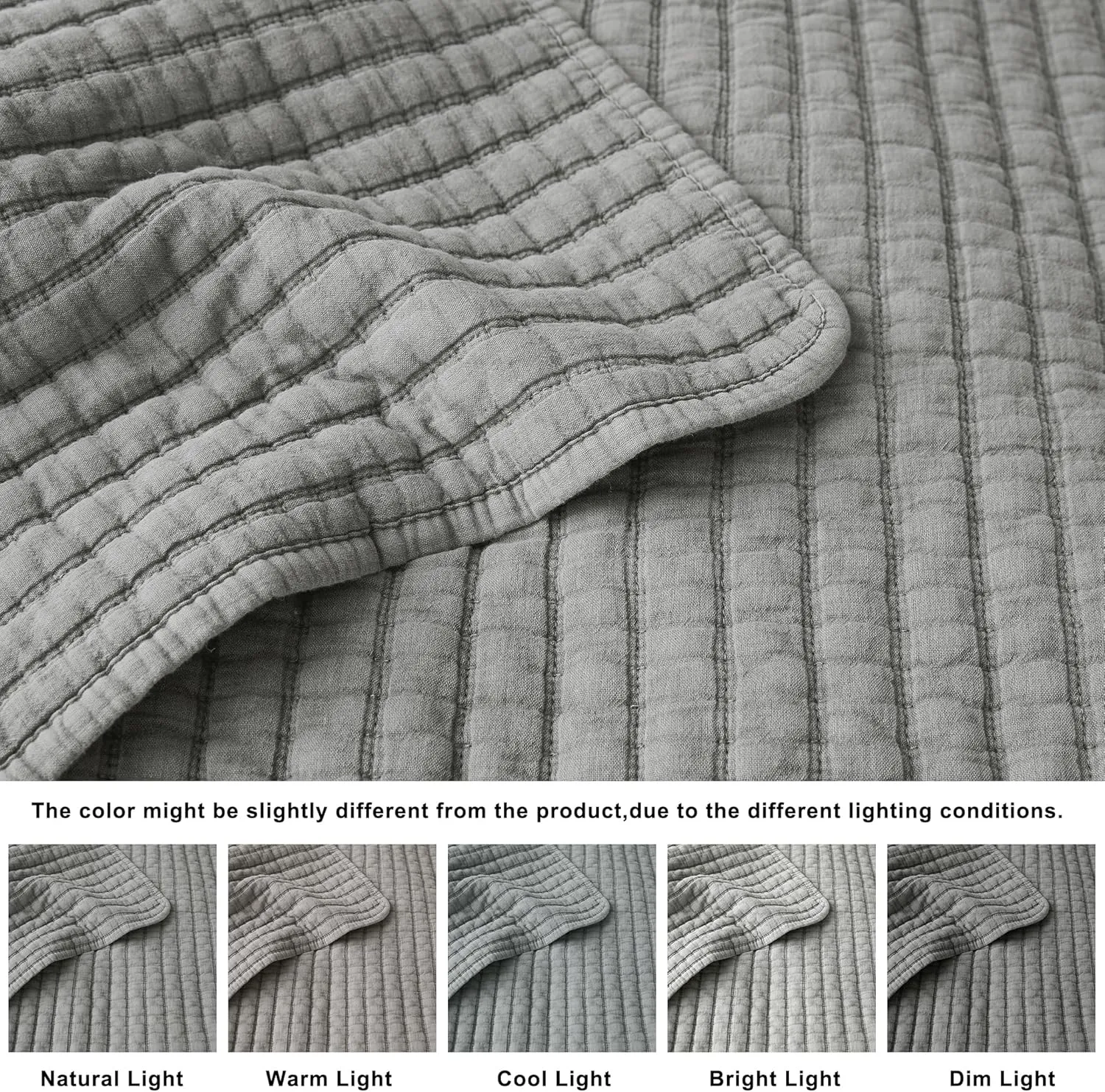 WDCOZY Grey Twin Size Quilt Set, Muslin Cotton Shell Down-Alt Poly Filling, Shabby Chic Rustic Farmhouse Country Bedspread, Textured Gauze Coverlet, Soft Lightweight Bedding, All Season, 1 Sham