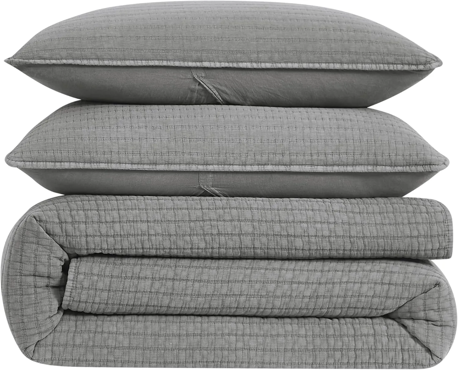 WDCOZY Grey Twin Size Quilt Set, Muslin Cotton Shell Down-Alt Poly Filling, Shabby Chic Rustic Farmhouse Country Bedspread, Textured Gauze Coverlet, Soft Lightweight Bedding, All Season, 1 Sham