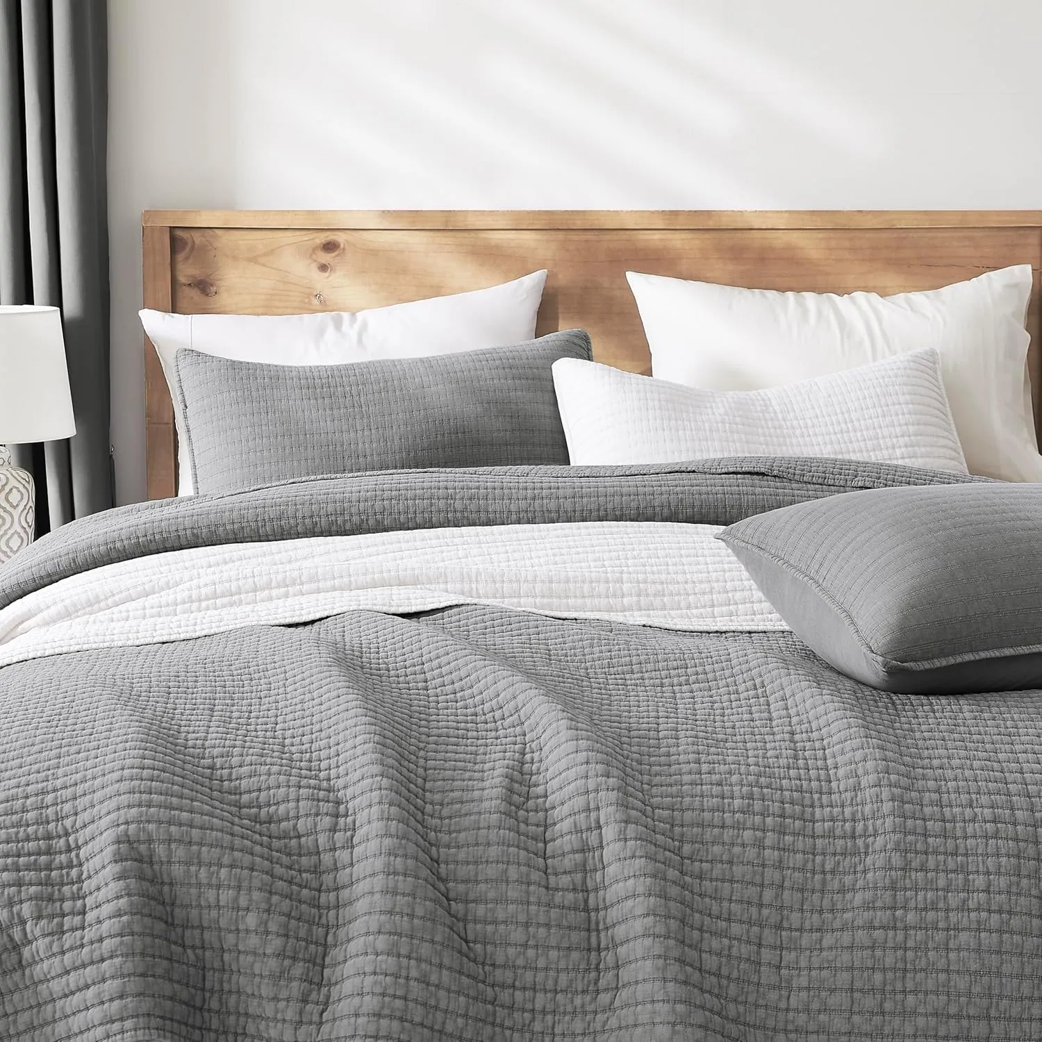 WDCOZY Grey Twin Size Quilt Set, Muslin Cotton Shell Down-Alt Poly Filling, Shabby Chic Rustic Farmhouse Country Bedspread, Textured Gauze Coverlet, Soft Lightweight Bedding, All Season, 1 Sham