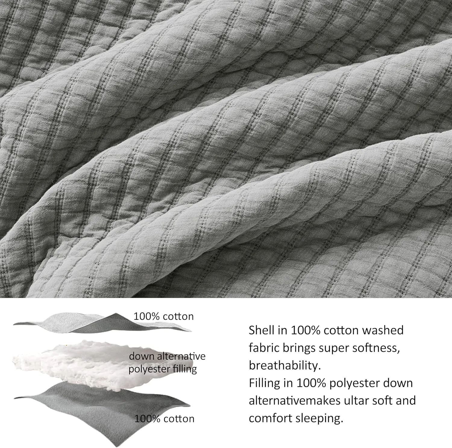 WDCOZY Grey Twin Size Quilt Set, Muslin Cotton Shell Down-Alt Poly Filling, Shabby Chic Rustic Farmhouse Country Bedspread, Textured Gauze Coverlet, Soft Lightweight Bedding, All Season, 1 Sham