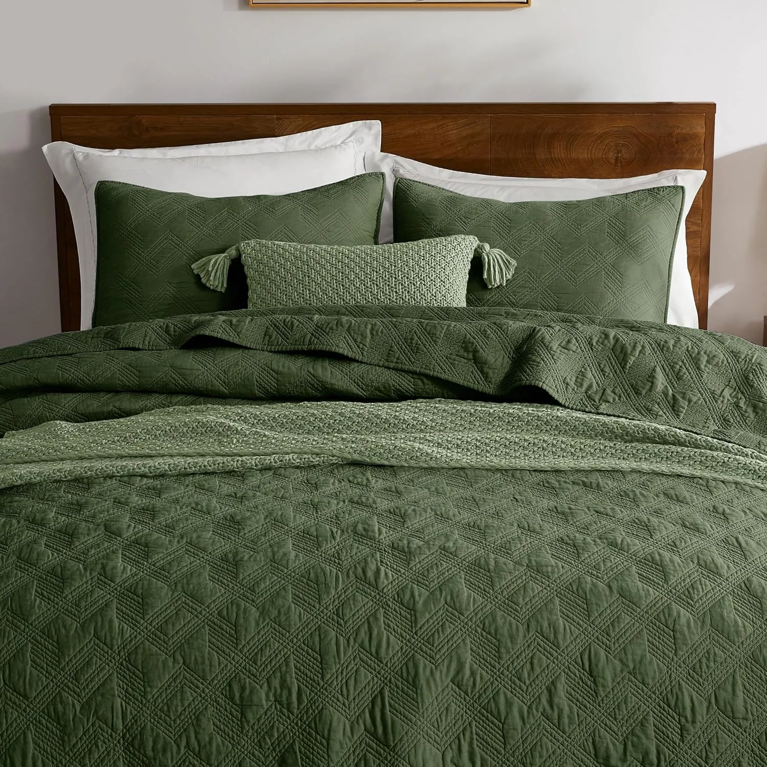 WDCOZY Olive Green 100% Cotton Oversized California King Size Quilt Bedding Sets with 2 Pillow Shams, Shabby Chic Rustic Textured Gauze Lightweight Country Soft Bedspread Coverlet for All Season
