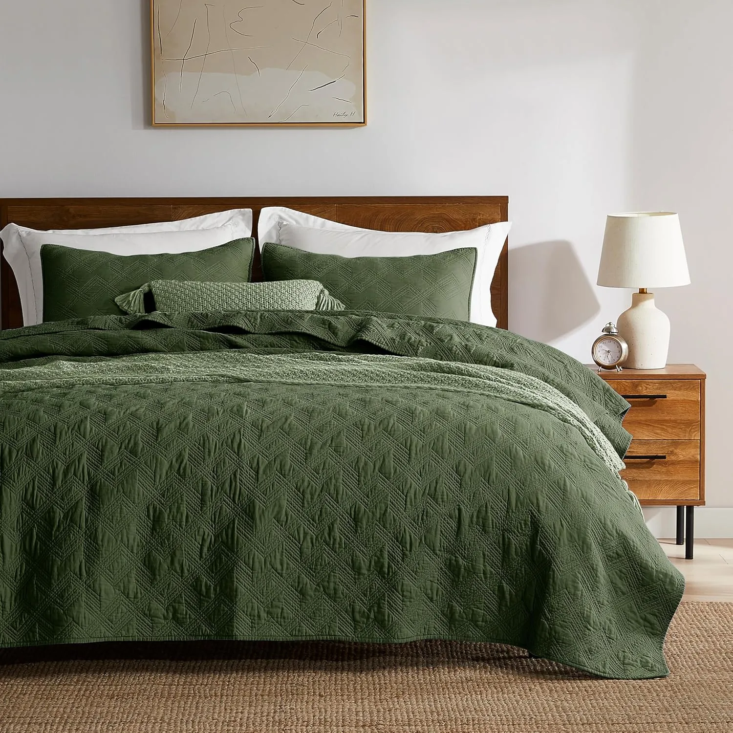WDCOZY Olive Green 100% Cotton Oversized California King Size Quilt Bedding Sets with 2 Pillow Shams, Shabby Chic Rustic Textured Gauze Lightweight Country Soft Bedspread Coverlet for All Season