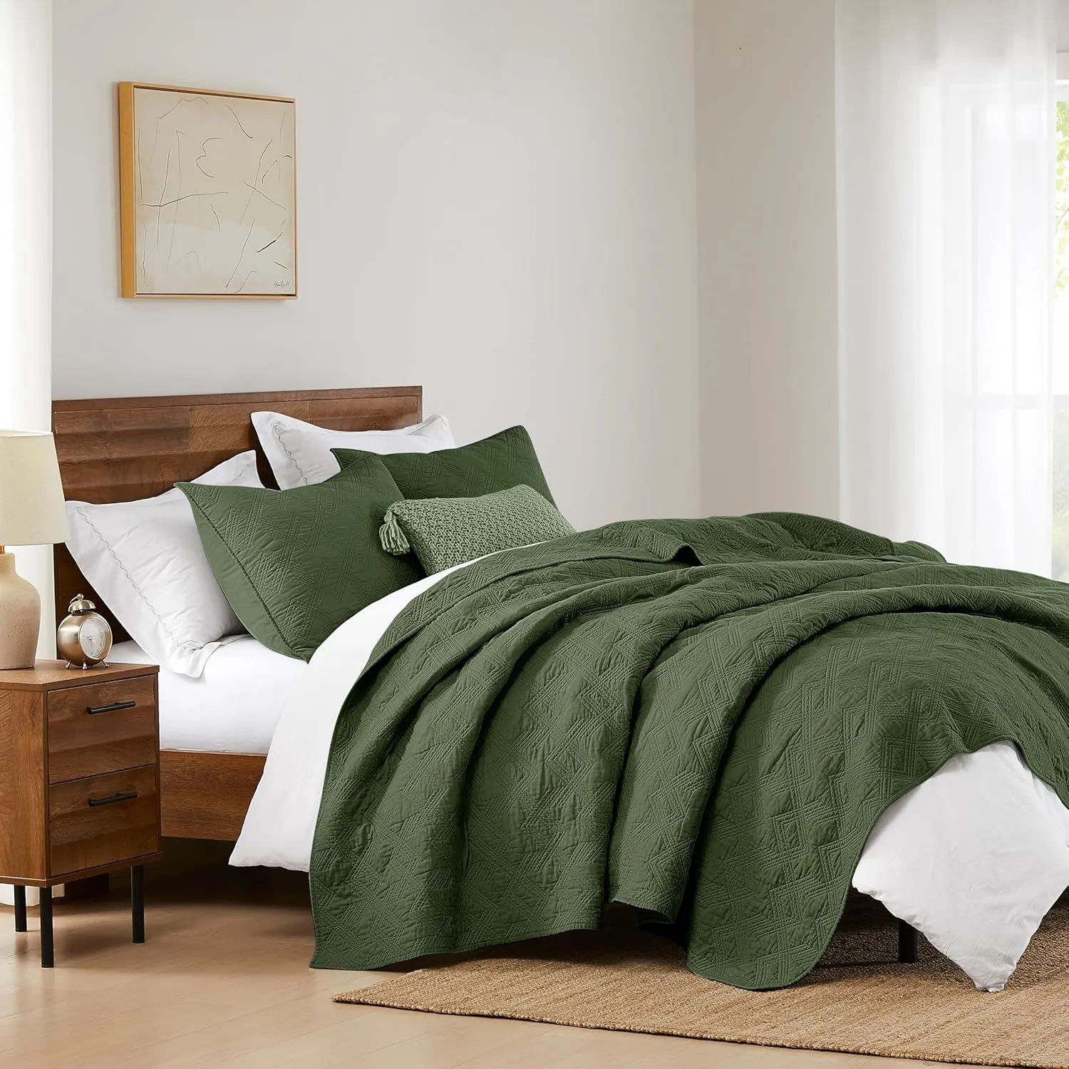 WDCOZY Olive Green 100% Cotton Oversized California King Size Quilt Bedding Sets with 2 Pillow Shams, Shabby Chic Rustic Textured Gauze Lightweight Country Soft Bedspread Coverlet for All Season