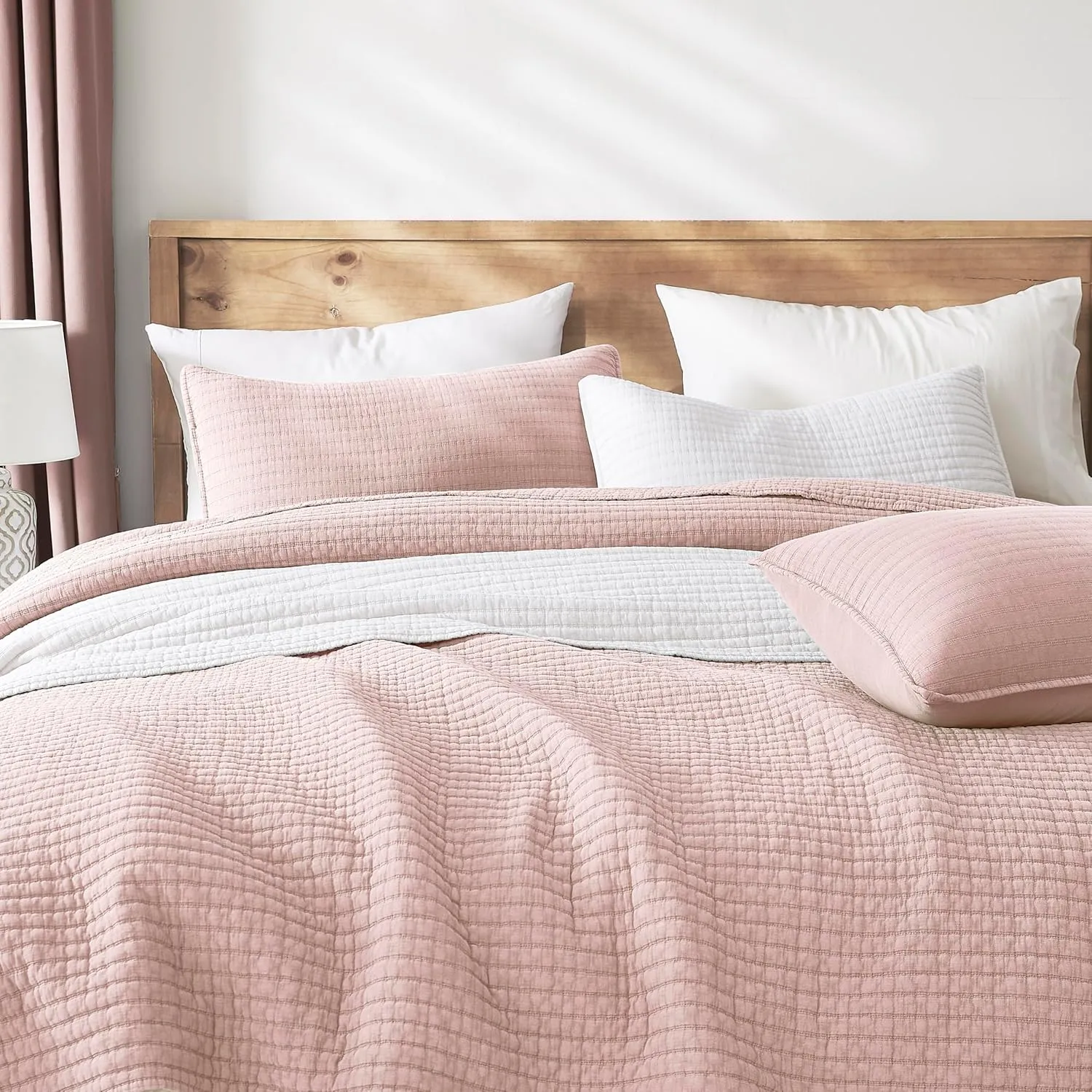 WDCOZY Pink Twin Size Quilt Set, Muslin Cotton Shell Down-Alt Poly Filling, Shabby Chic Rustic Farmhouse Country Bedspread, Textured Gauze Coverlet, Soft Lightweight Bedding, All Season, 1 Sham