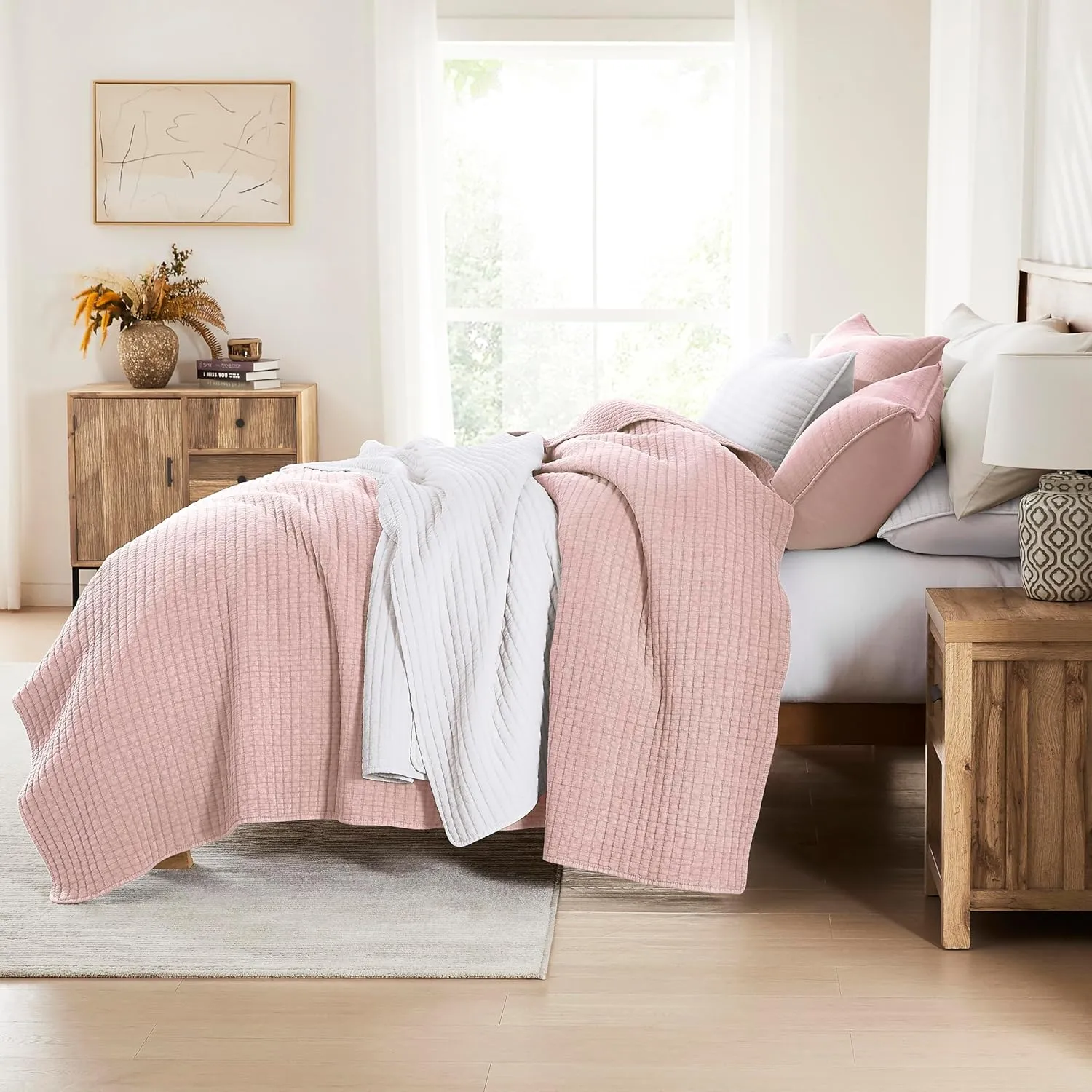 WDCOZY Pink Twin Size Quilt Set, Muslin Cotton Shell Down-Alt Poly Filling, Shabby Chic Rustic Farmhouse Country Bedspread, Textured Gauze Coverlet, Soft Lightweight Bedding, All Season, 1 Sham