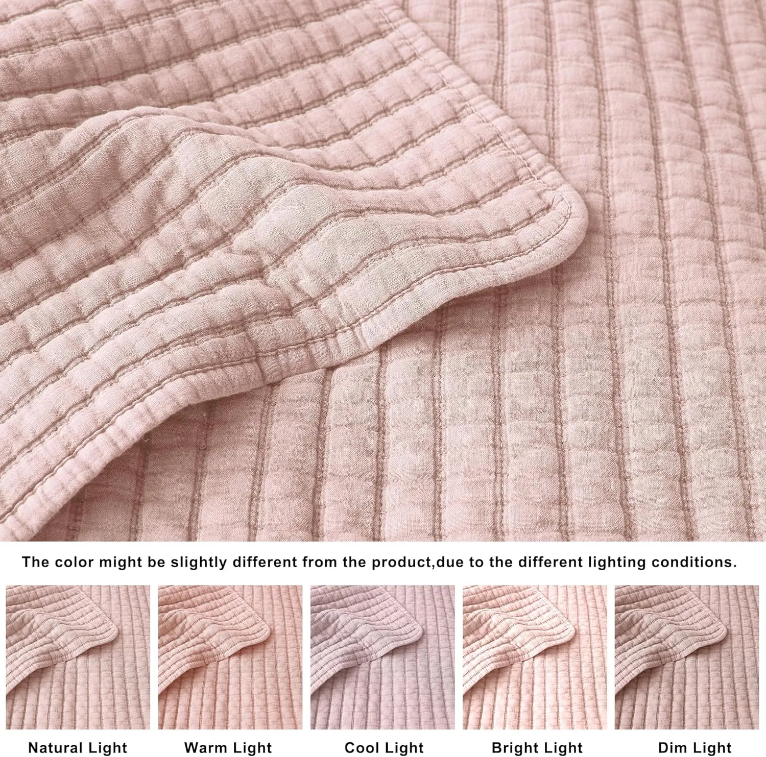 WDCOZY Pink Twin Size Quilt Set, Muslin Cotton Shell Down-Alt Poly Filling, Shabby Chic Rustic Farmhouse Country Bedspread, Textured Gauze Coverlet, Soft Lightweight Bedding, All Season, 1 Sham