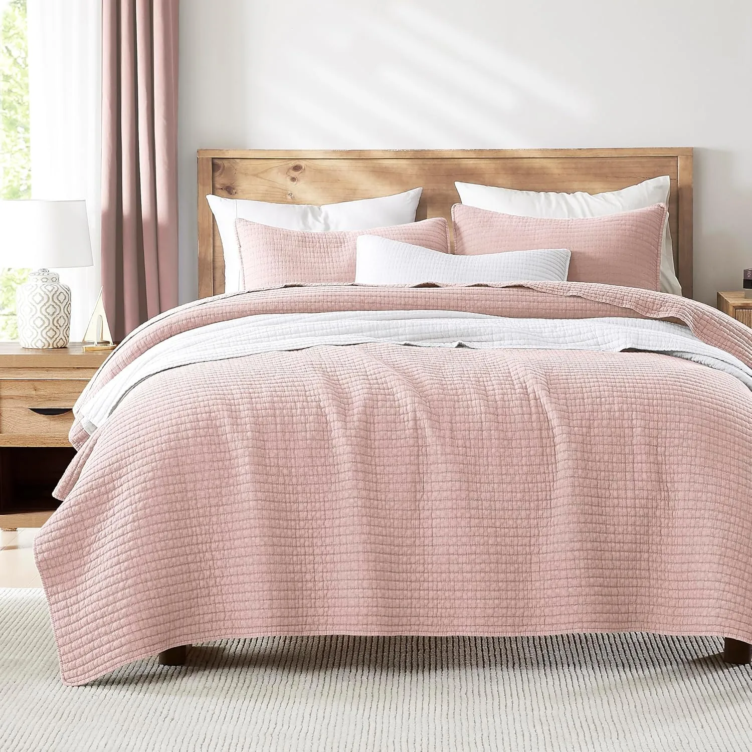 WDCOZY Pink Twin Size Quilt Set, Muslin Cotton Shell Down-Alt Poly Filling, Shabby Chic Rustic Farmhouse Country Bedspread, Textured Gauze Coverlet, Soft Lightweight Bedding, All Season, 1 Sham