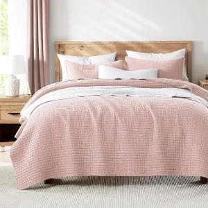WDCOZY Pink Twin Size Quilt Set, Muslin Cotton Shell Down-Alt Poly Filling, Shabby Chic Rustic Farmhouse Country Bedspread, Textured Gauze Coverlet, Soft Lightweight Bedding, All Season, 1 Sham