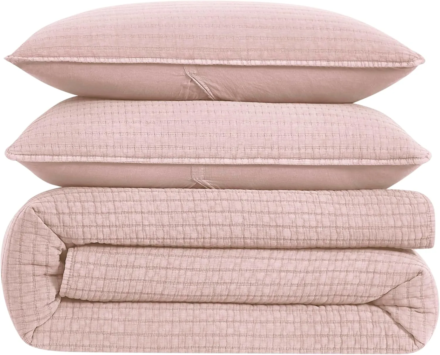 WDCOZY Pink Twin Size Quilt Set, Muslin Cotton Shell Down-Alt Poly Filling, Shabby Chic Rustic Farmhouse Country Bedspread, Textured Gauze Coverlet, Soft Lightweight Bedding, All Season, 1 Sham