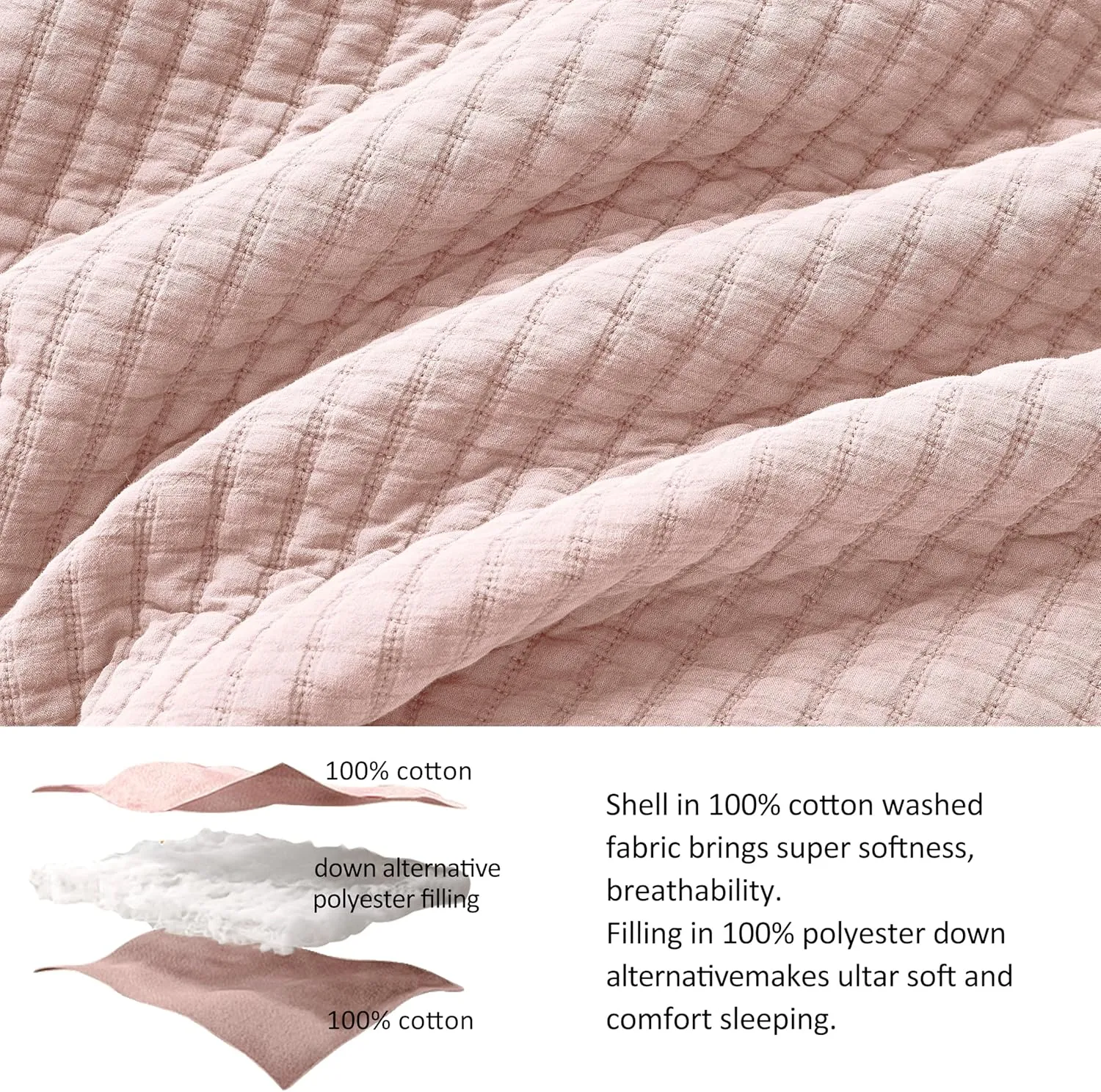 WDCOZY Pink Twin Size Quilt Set, Muslin Cotton Shell Down-Alt Poly Filling, Shabby Chic Rustic Farmhouse Country Bedspread, Textured Gauze Coverlet, Soft Lightweight Bedding, All Season, 1 Sham