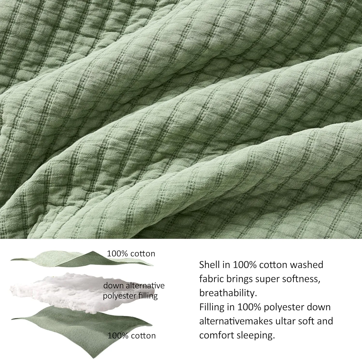 WDCOZY Sage Green Twin Size Quilt Set, Muslin Cotton Shell Down-Alt Poly Filling, Shabby Chic Rustic Farmhouse Country Bedspread, Textured Gauze Coverlet, Soft Lightweight Bedding, 1 Sham