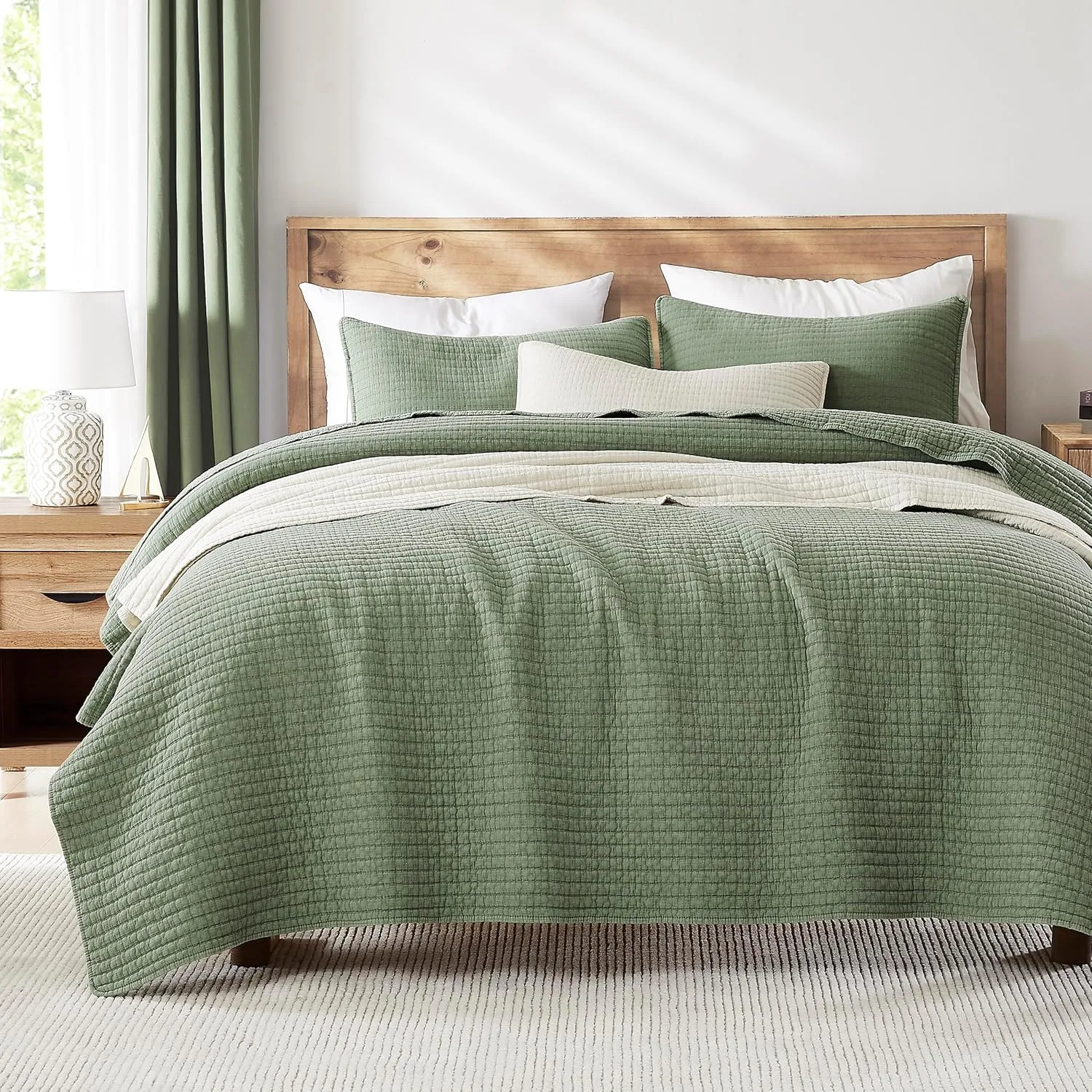 WDCOZY Sage Green Twin Size Quilt Set, Muslin Cotton Shell Down-Alt Poly Filling, Shabby Chic Rustic Farmhouse Country Bedspread, Textured Gauze Coverlet, Soft Lightweight Bedding, 1 Sham