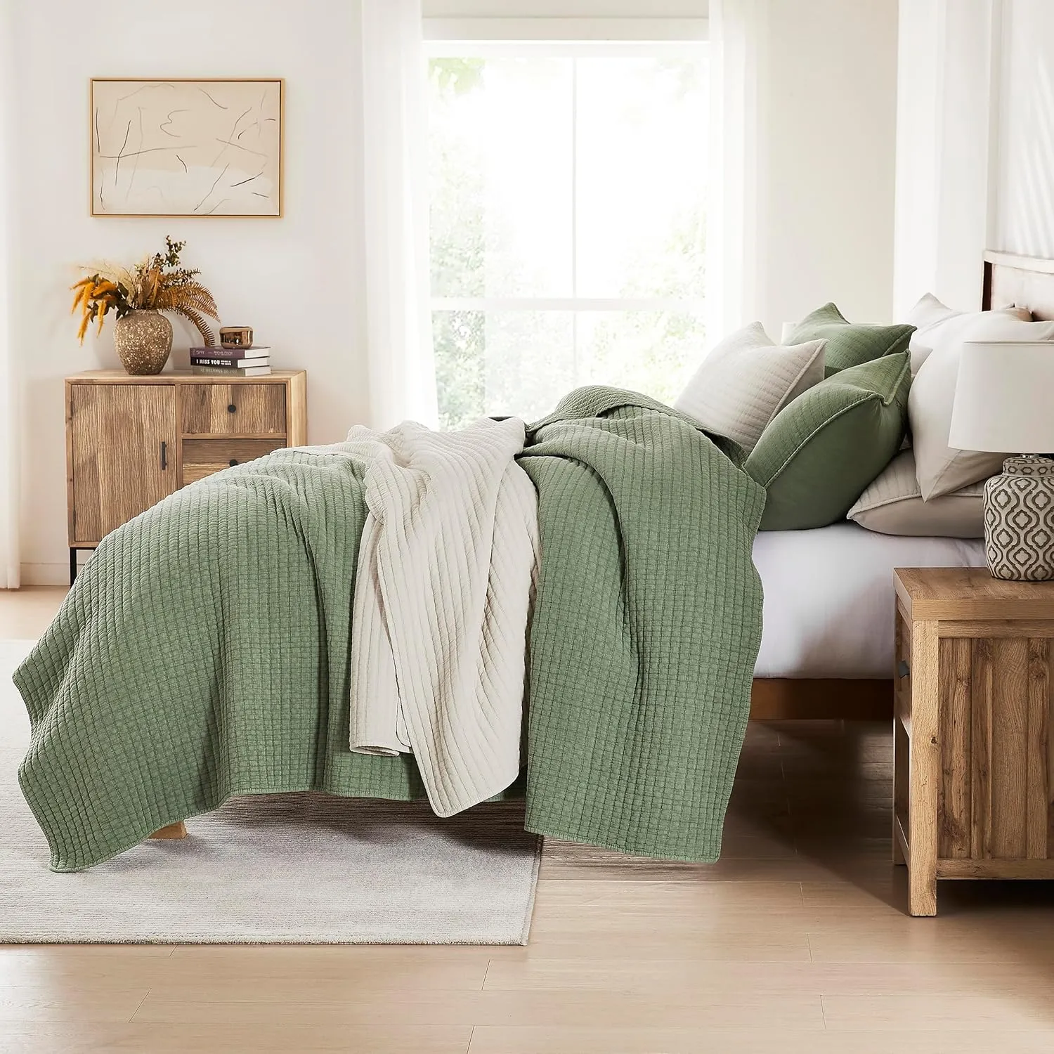 WDCOZY Sage Green Twin Size Quilt Set, Muslin Cotton Shell Down-Alt Poly Filling, Shabby Chic Rustic Farmhouse Country Bedspread, Textured Gauze Coverlet, Soft Lightweight Bedding, 1 Sham