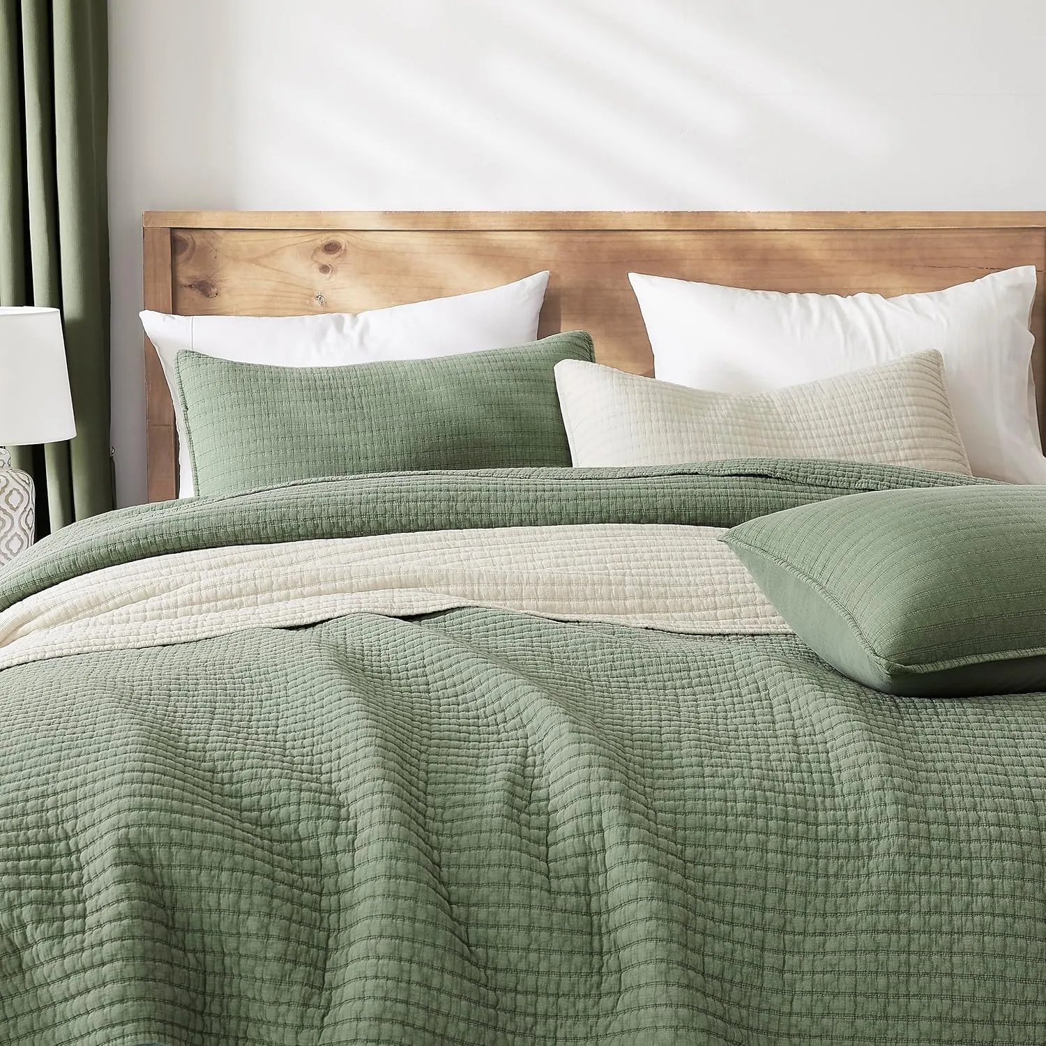 WDCOZY Sage Green Twin Size Quilt Set, Muslin Cotton Shell Down-Alt Poly Filling, Shabby Chic Rustic Farmhouse Country Bedspread, Textured Gauze Coverlet, Soft Lightweight Bedding, 1 Sham