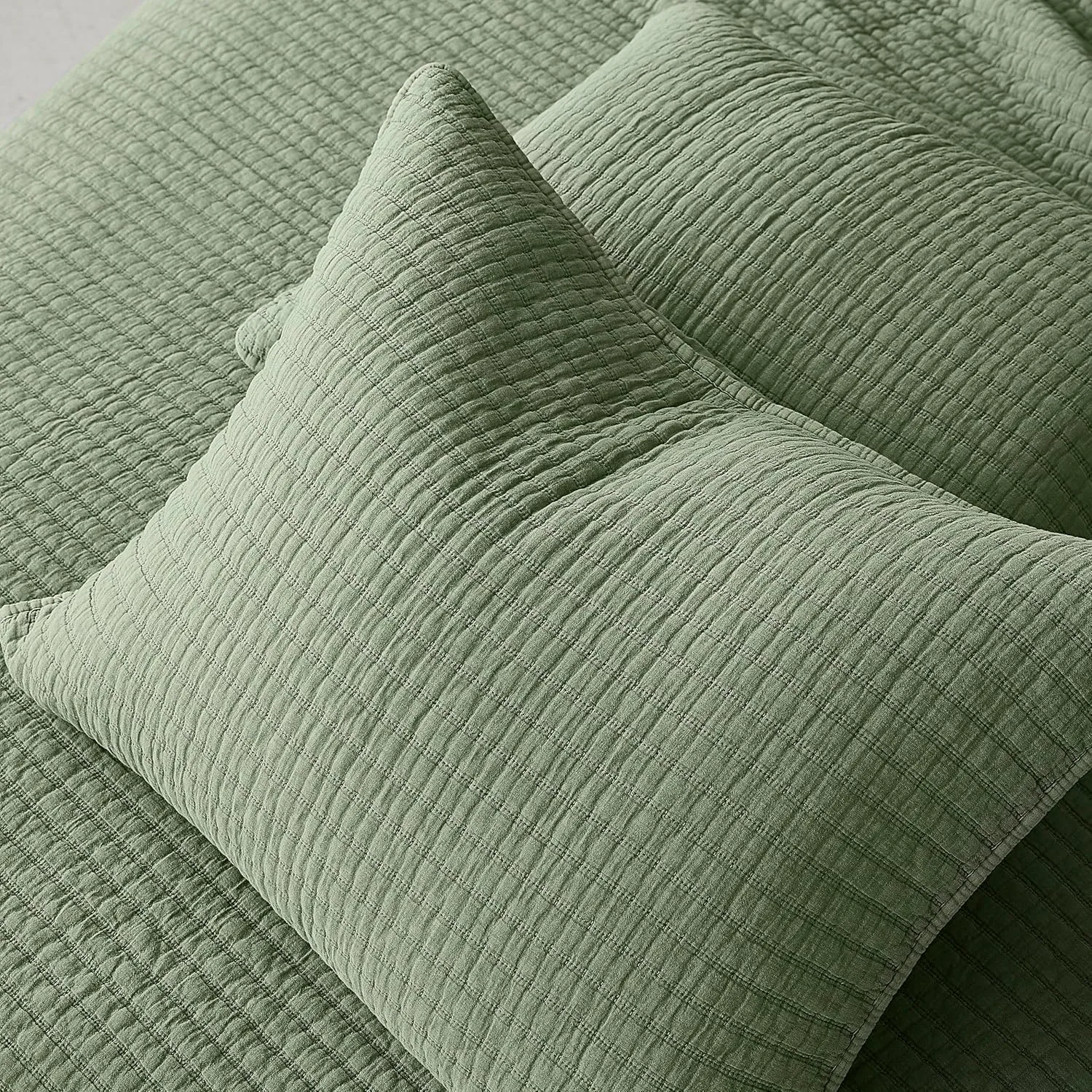 WDCOZY Sage Green Twin Size Quilt Set, Muslin Cotton Shell Down-Alt Poly Filling, Shabby Chic Rustic Farmhouse Country Bedspread, Textured Gauze Coverlet, Soft Lightweight Bedding, 1 Sham