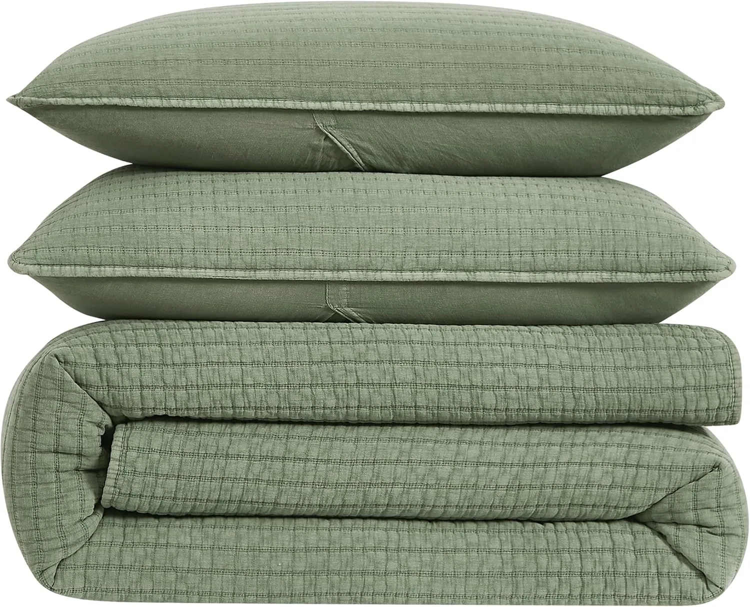 WDCOZY Sage Green Twin Size Quilt Set, Muslin Cotton Shell Down-Alt Poly Filling, Shabby Chic Rustic Farmhouse Country Bedspread, Textured Gauze Coverlet, Soft Lightweight Bedding, 1 Sham