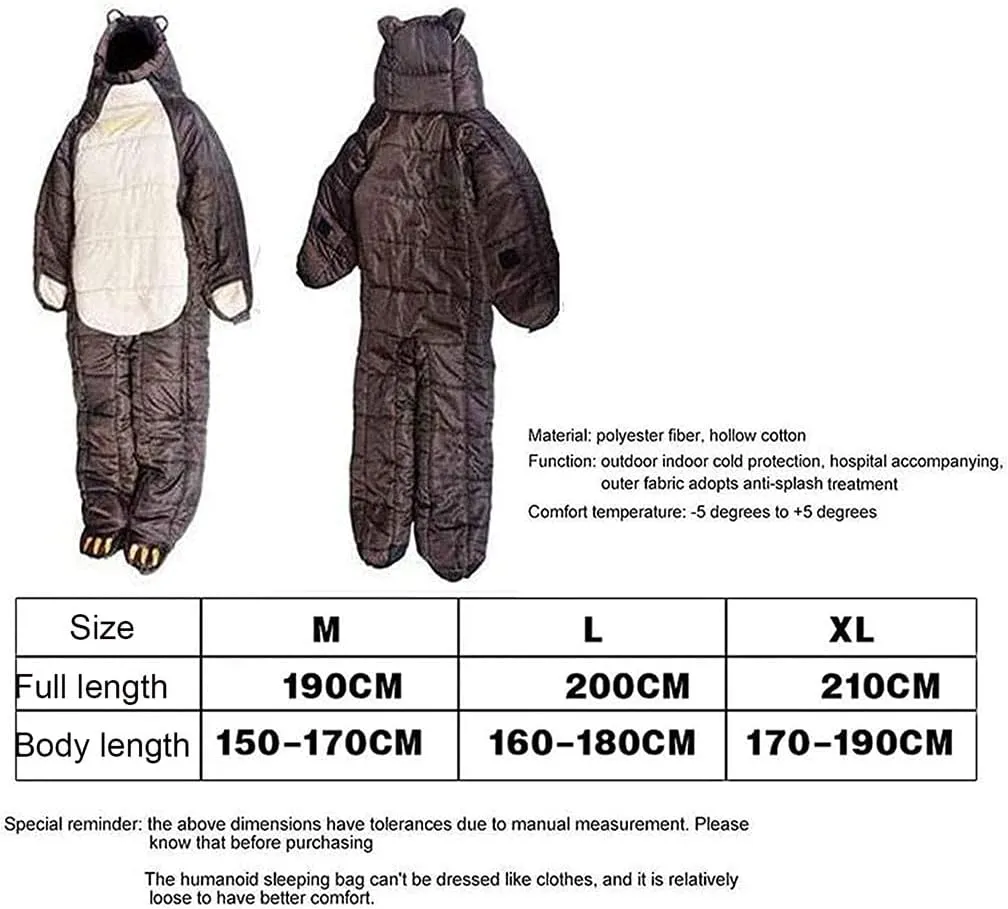 Wearable Sleeping Bag 3 Season Bear-Shaped Sleeping Bag Camping Adults Full Body Sleep Pouch for Camping,Traveling, Hiking, Backpacking