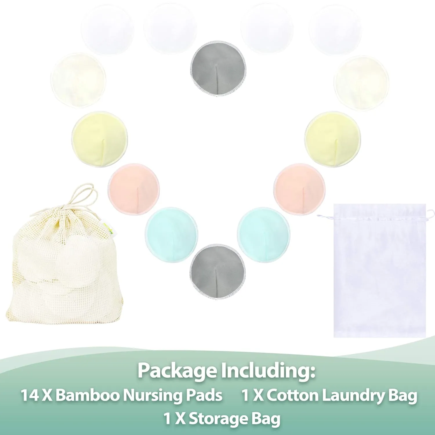 wegreeco Nursing Breast Pads (14 Pack)   Laundry Bag & Travel Storage Bag, 4.7 inch Option - Washable & Reusable Breastfeeding Nursing Pads (Peaceful, Large, Contoured Shape)