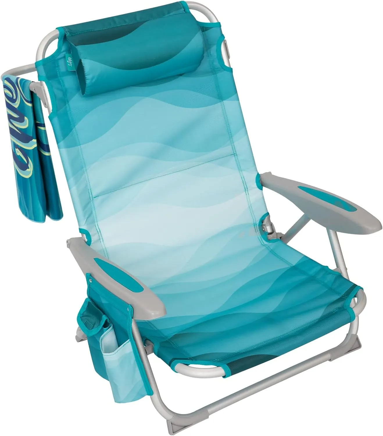 #WEJOY Low Beach Chair for Adults,4-Position Folding Beach Chair with Shoulder Strap, Cup Holder, Lightweight Lawn Chair Supports 265lbs, CYANPRINT