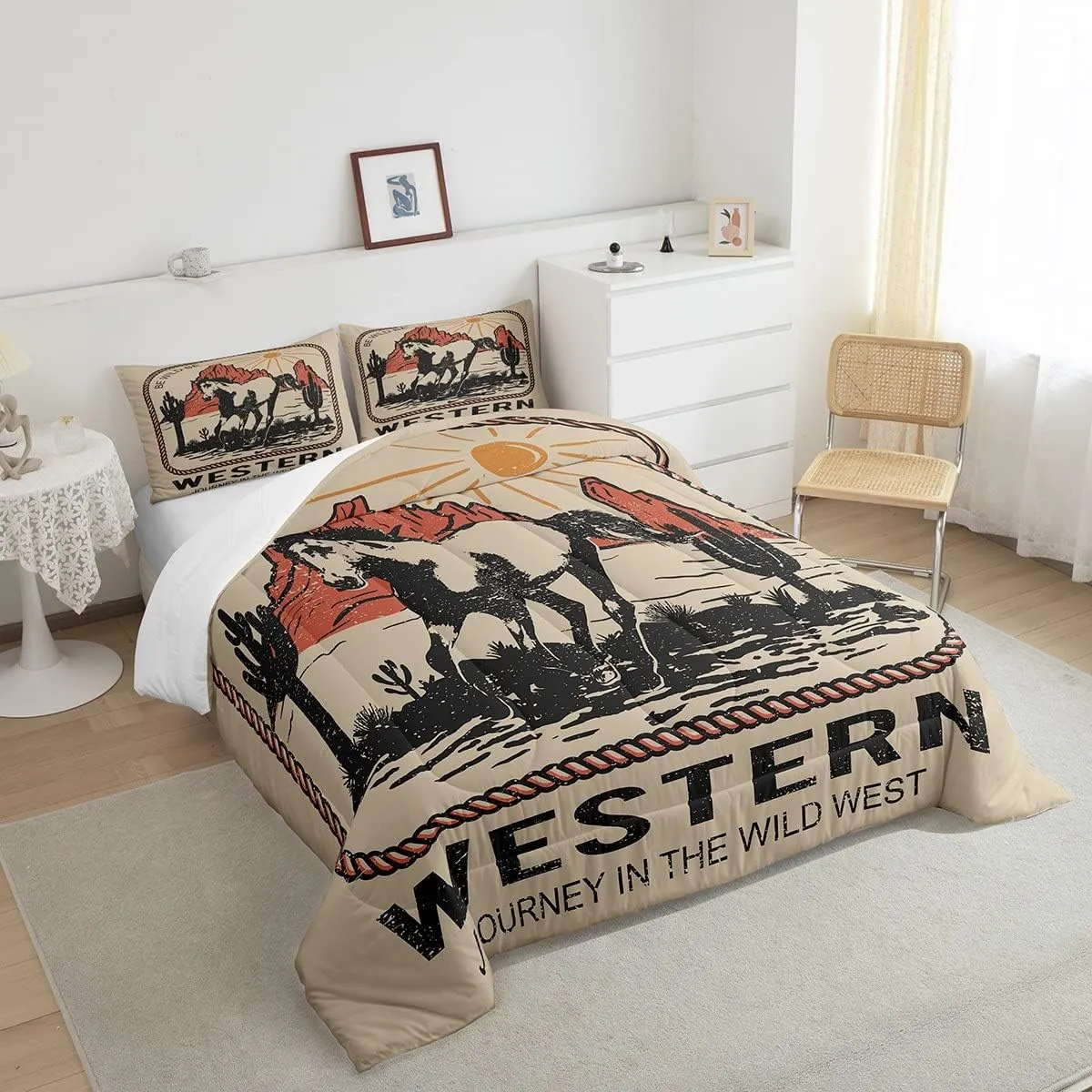 Western Bedding Queen Horse Comforter Set For Cowboy Cowgirl Wild West Journey Desert Adventure Bedding Comforter Sets America Western Mountain Sun Cactus Rope Bedroom Decor Brown Red Quilt
