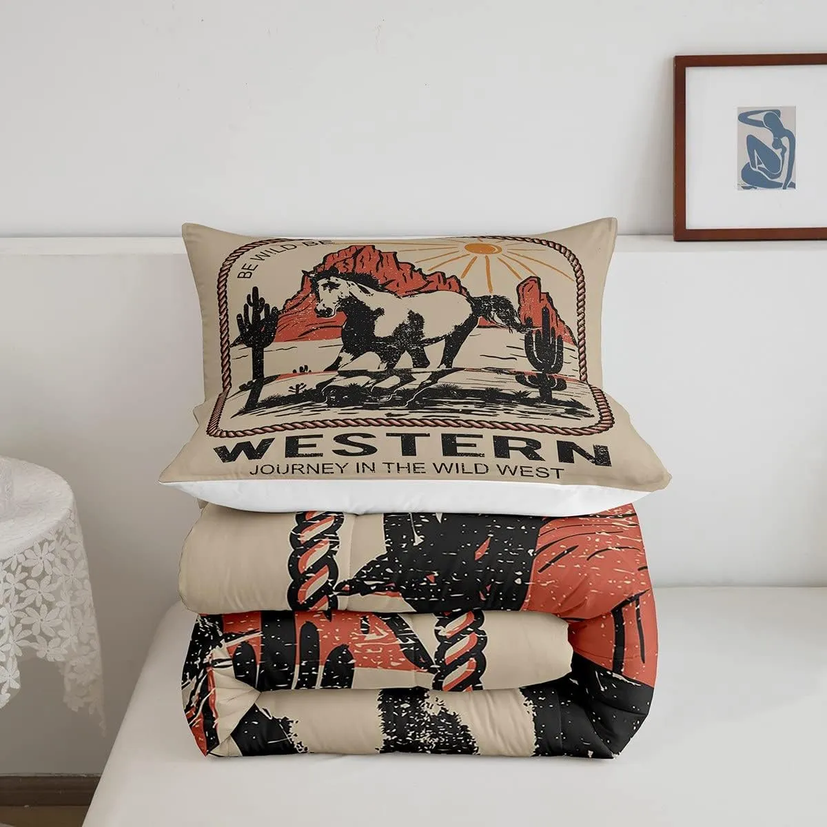 Western Bedding Queen Horse Comforter Set For Cowboy Cowgirl Wild West Journey Desert Adventure Bedding Comforter Sets America Western Mountain Sun Cactus Rope Bedroom Decor Brown Red Quilt