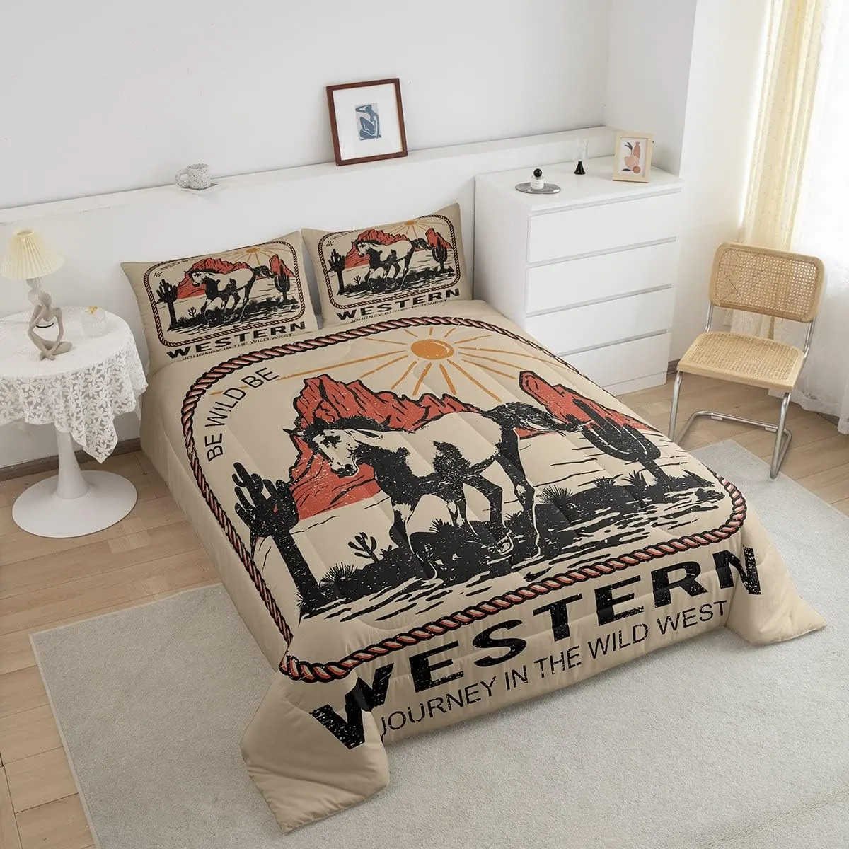 Western Bedding Queen Horse Comforter Set For Cowboy Cowgirl Wild West Journey Desert Adventure Bedding Comforter Sets America Western Mountain Sun Cactus Rope Bedroom Decor Brown Red Quilt