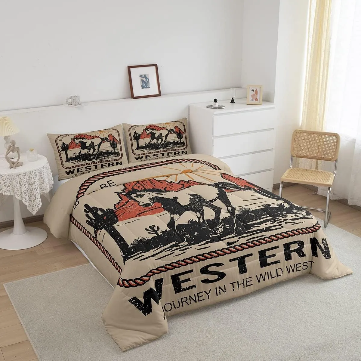 Western Bedding Queen Horse Comforter Set For Cowboy Cowgirl Wild West Journey Desert Adventure Bedding Comforter Sets America Western Mountain Sun Cactus Rope Bedroom Decor Brown Red Quilt