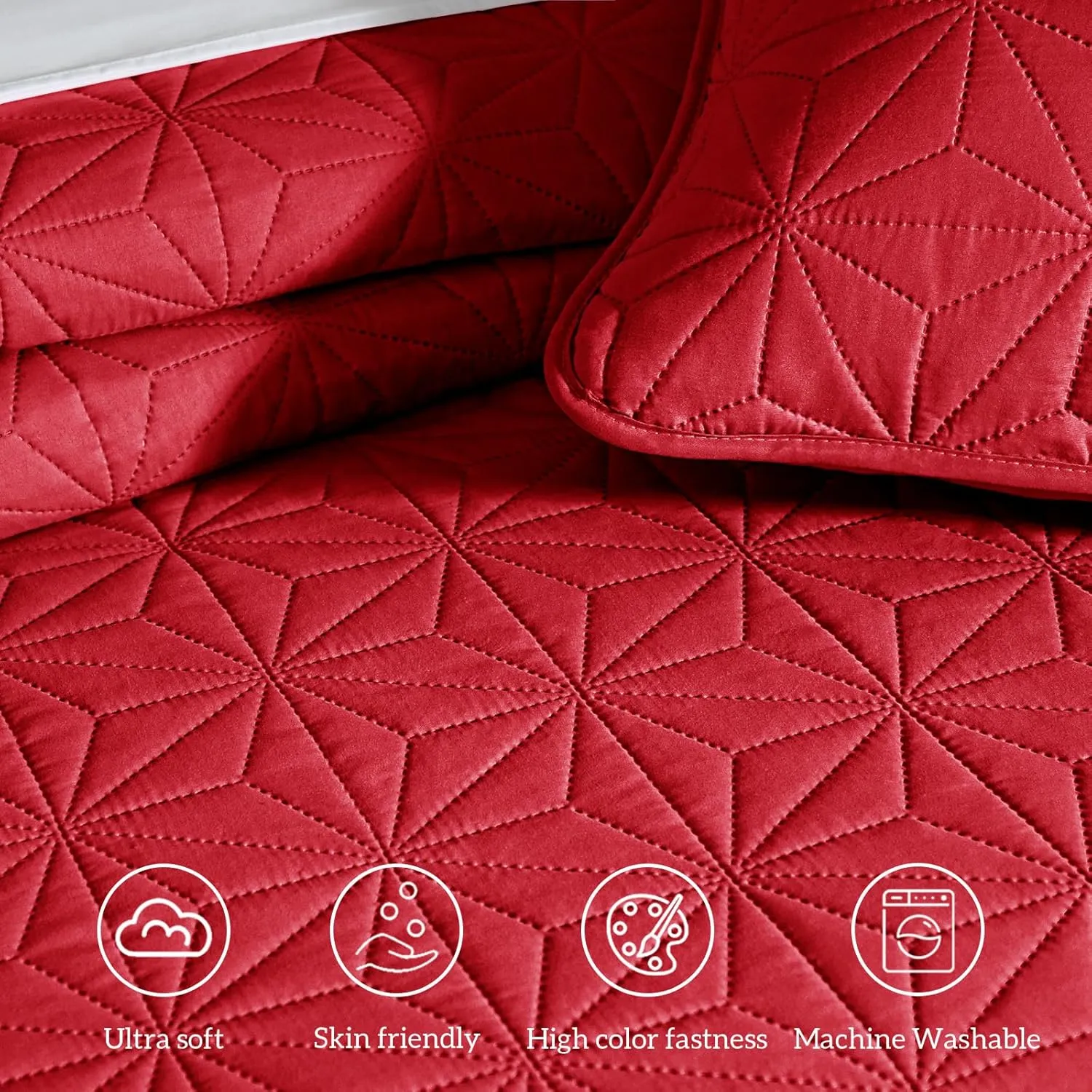 Whale Flotilla King Quilt Bedding Set, Soft Bright Red Bedspreads Quilts King Size for All Seasons, 3 Pieces Lightweight Geometric Star Pattern Coverlet