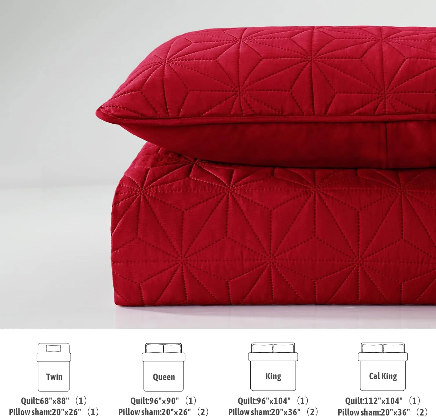 Whale Flotilla King Quilt Bedding Set, Soft Bright Red Bedspreads Quilts King Size for All Seasons, 3 Pieces Lightweight Geometric Star Pattern Coverlet