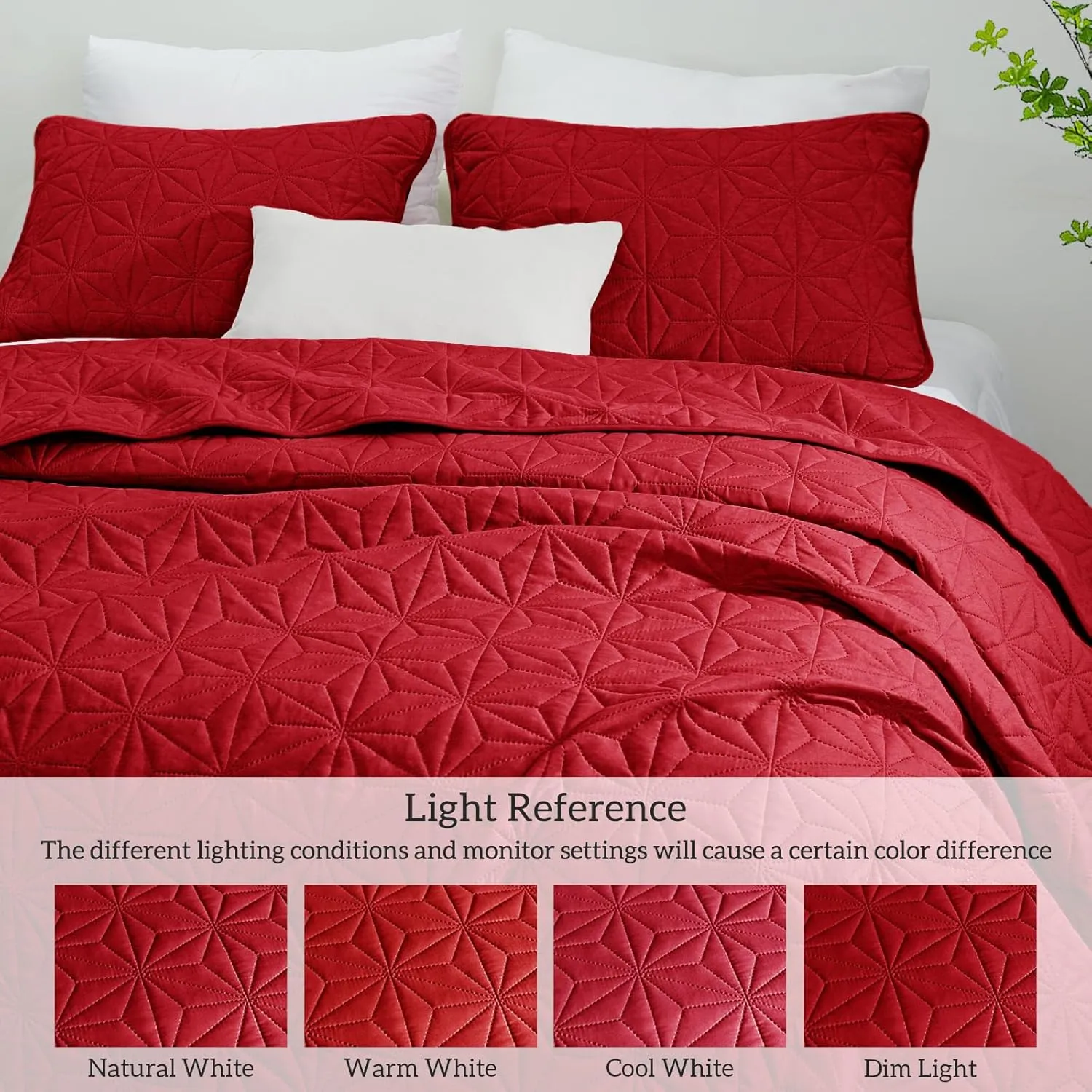 Whale Flotilla King Quilt Bedding Set, Soft Bright Red Bedspreads Quilts King Size for All Seasons, 3 Pieces Lightweight Geometric Star Pattern Coverlet