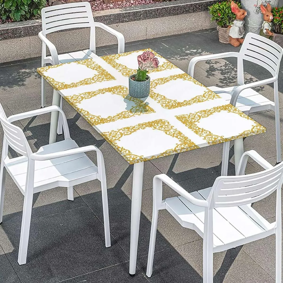 White Gold Rectangle Tables Decor Curved Flower Lines Wooden Boards Oil Proof Waterproof Tablecloth for Picnic Party Baroque Side Frame Fits up 4 Foot Tables