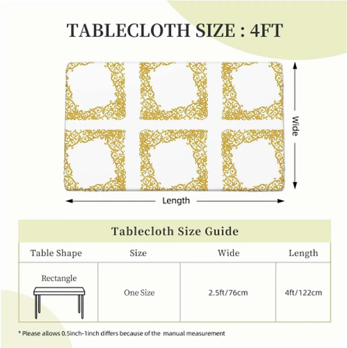White Gold Rectangle Tables Decor Curved Flower Lines Wooden Boards Oil Proof Waterproof Tablecloth for Picnic Party Baroque Side Frame Fits up 4 Foot Tables