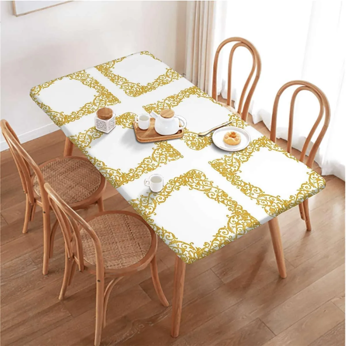 White Gold Rectangle Tables Decor Curved Flower Lines Wooden Boards Oil Proof Waterproof Tablecloth for Picnic Party Baroque Side Frame Fits up 4 Foot Tables
