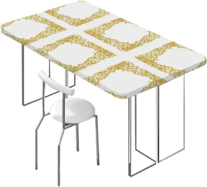 White Gold Rectangle Tables Decor Curved Flower Lines Wooden Boards Oil Proof Waterproof Tablecloth for Picnic Party Baroque Side Frame Fits up 4 Foot Tables