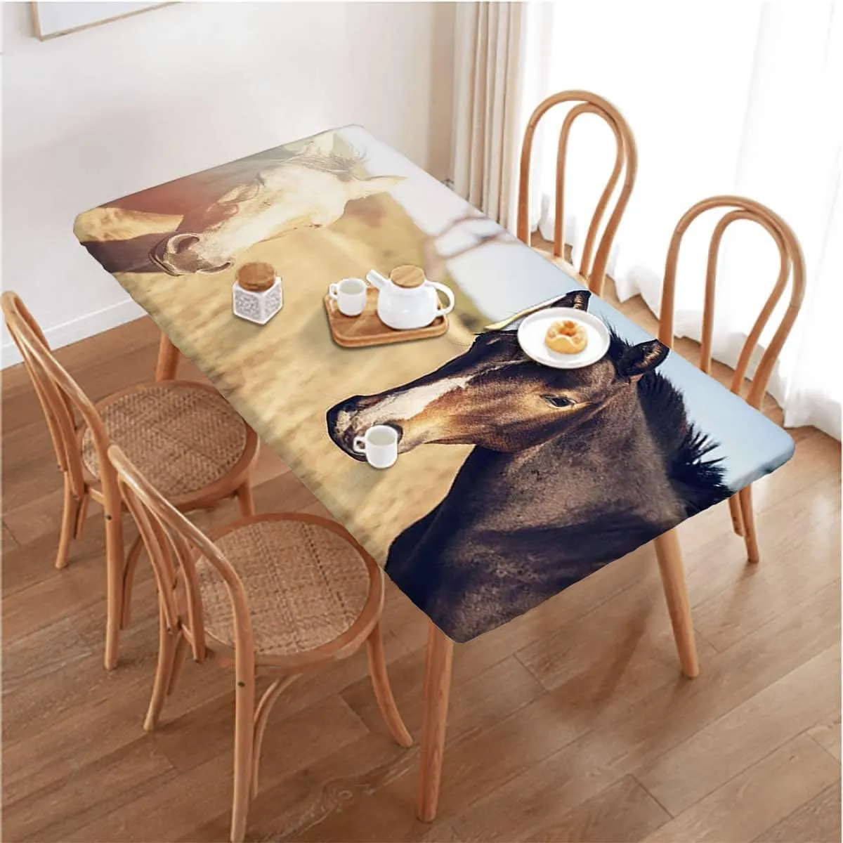 White Orange Green Fitted Tablecloth for Rectangle Table Horse Running on Plowed Fitted Spandex Stretch Square Table Covers Caps Elastic Square Tablecloth,for 4 Foot Tables Horses