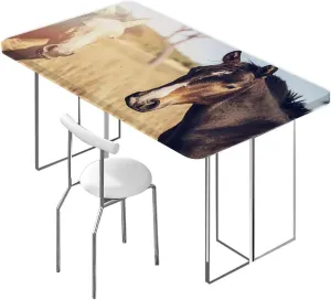 White Orange Green Fitted Tablecloth for Rectangle Table Horse Running on Plowed Fitted Spandex Stretch Square Table Covers Caps Elastic Square Tablecloth,for 4 Foot Tables Horses