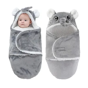 Winmany Baby Hooded Fleece Swaddle Blanket Newborn Fannel Cartoon Receiving Blanket Soft Plush Sleeping Bag Sack Stroller Wrap for Infants Girl Boy 0-6Months (Grey Elephant, 3-6Months)