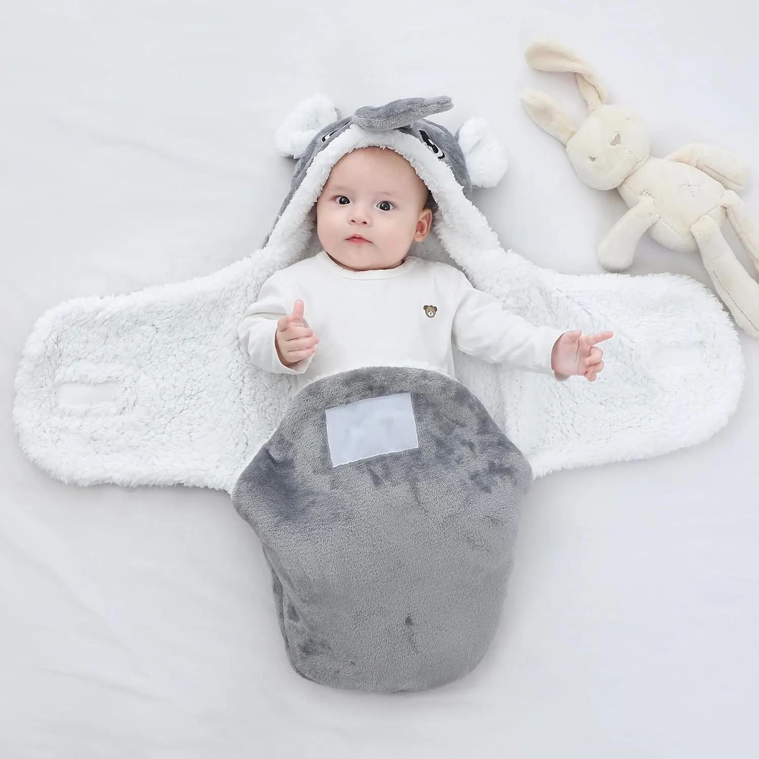 Winmany Baby Hooded Fleece Swaddle Blanket Newborn Fannel Cartoon Receiving Blanket Soft Plush Sleeping Bag Sack Stroller Wrap for Infants Girl Boy 0-6Months (Grey Elephant, 3-6Months)