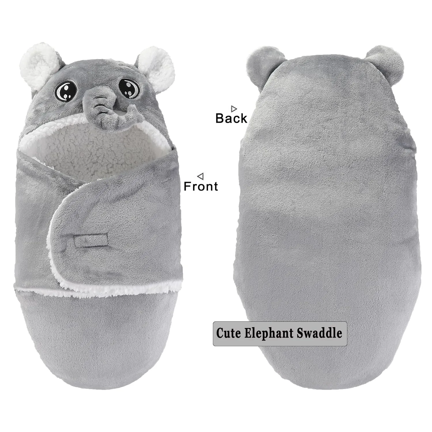 Winmany Baby Hooded Fleece Swaddle Blanket Newborn Fannel Cartoon Receiving Blanket Soft Plush Sleeping Bag Sack Stroller Wrap for Infants Girl Boy 0-6Months (Grey Elephant, 3-6Months)