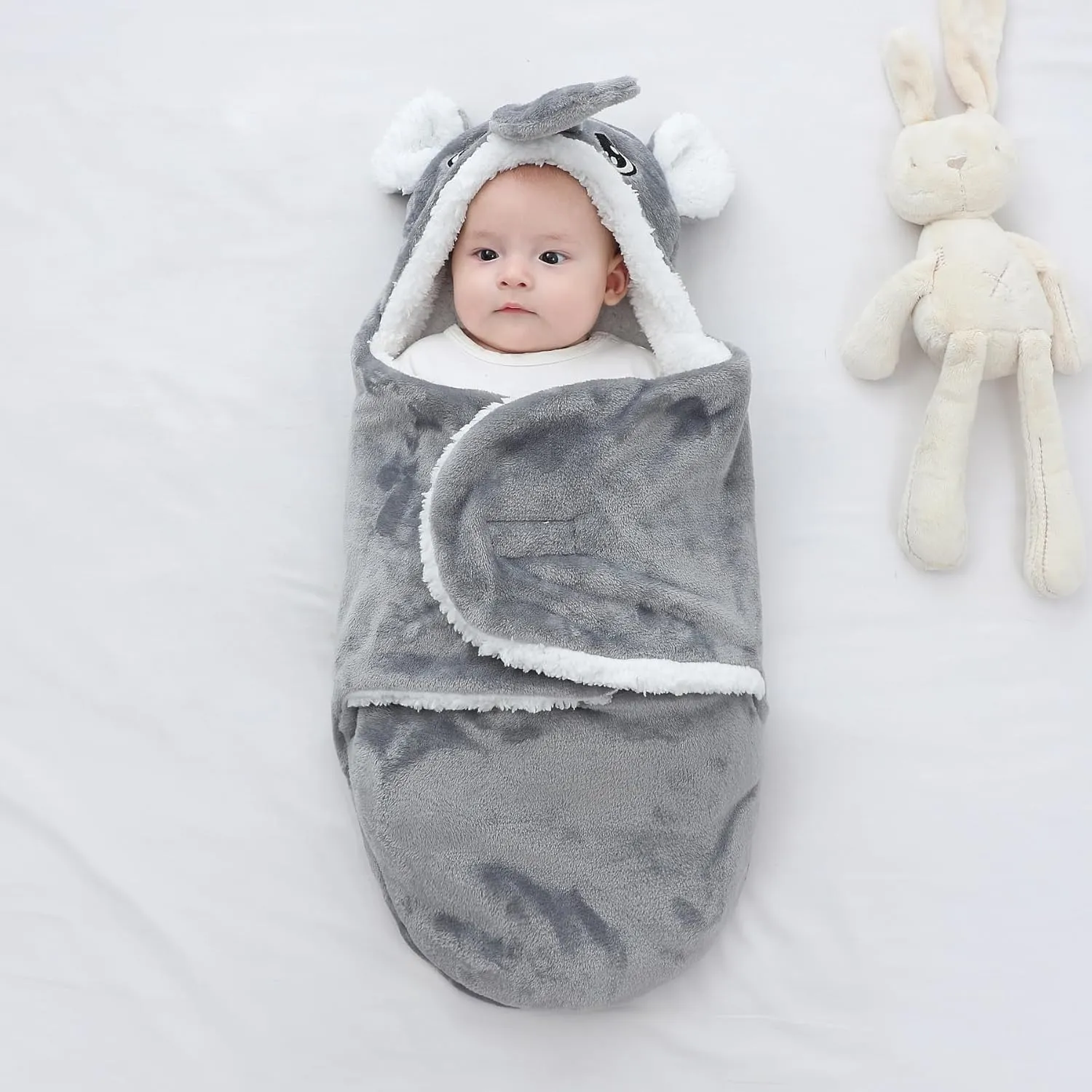 Winmany Baby Hooded Fleece Swaddle Blanket Newborn Fannel Cartoon Receiving Blanket Soft Plush Sleeping Bag Sack Stroller Wrap for Infants Girl Boy 0-6Months (Grey Elephant, 3-6Months)