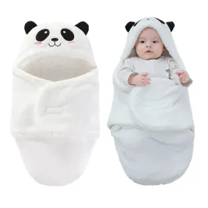 Winmany Baby Hooded Fleece Swaddle Blanket Newborn Fannel Cartoon Receiving Blanket Soft Plush Sleeping Bag Sack Stroller Wrap for Infants Girl Boy 0-6Months (White Panda, 0-3Month)