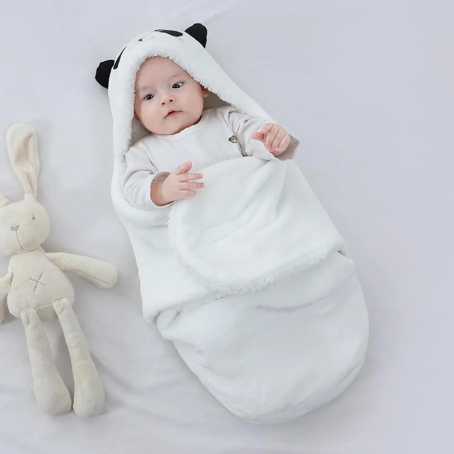 Winmany Baby Hooded Fleece Swaddle Blanket Newborn Fannel Cartoon Receiving Blanket Soft Plush Sleeping Bag Sack Stroller Wrap for Infants Girl Boy 0-6Months (White Panda, 0-3Month)