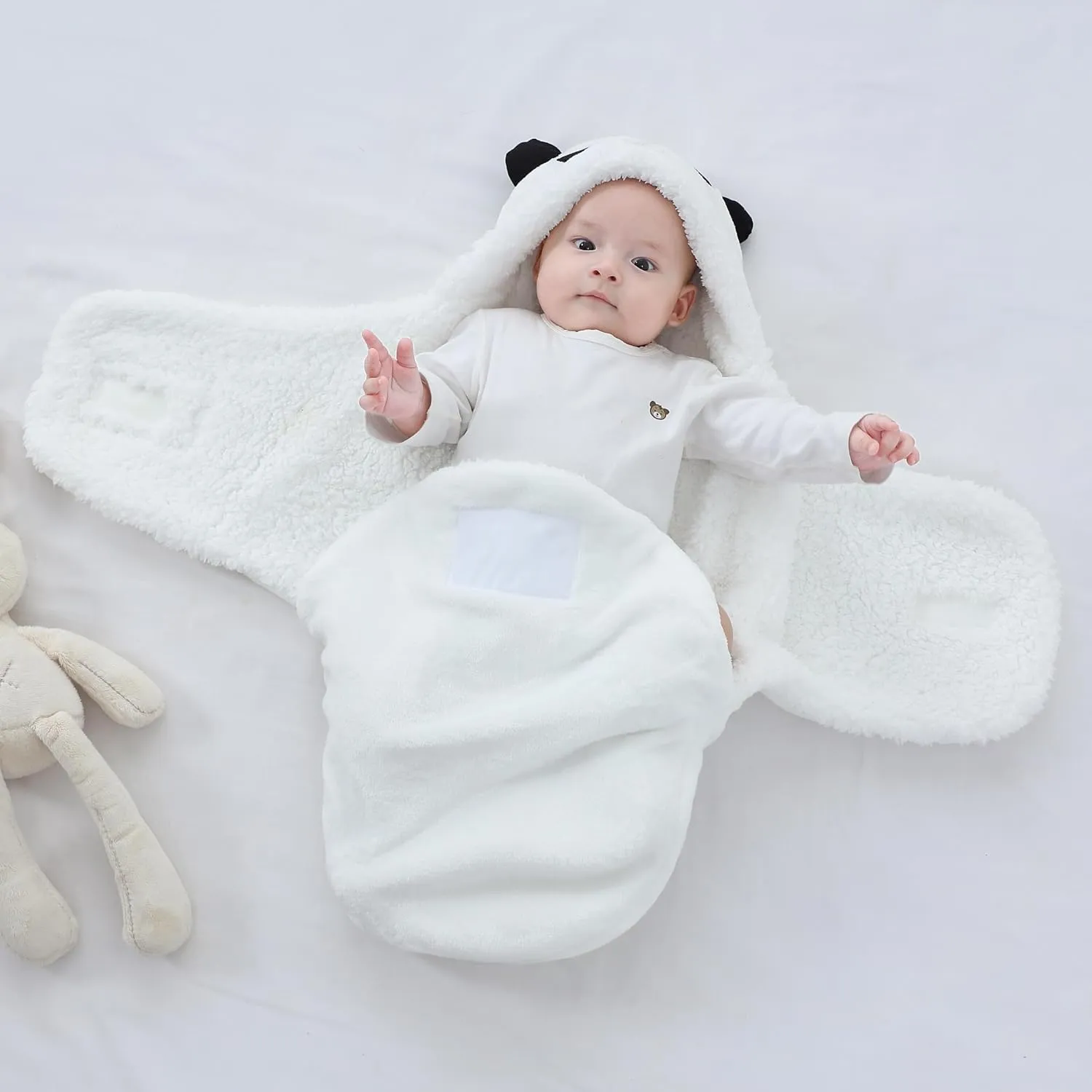 Winmany Baby Hooded Fleece Swaddle Blanket Newborn Fannel Cartoon Receiving Blanket Soft Plush Sleeping Bag Sack Stroller Wrap for Infants Girl Boy 0-6Months (White Panda, 0-3Month)